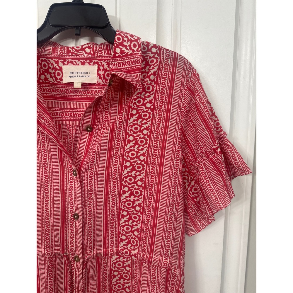Printfresh x Pencil & Paper Co Red White Block Print Organic Cotton Midi Dress M - Picture 5 of 12